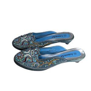 Embellished Silk Blue Mule Slides With Whimsical Floral Beadwork By Amanda